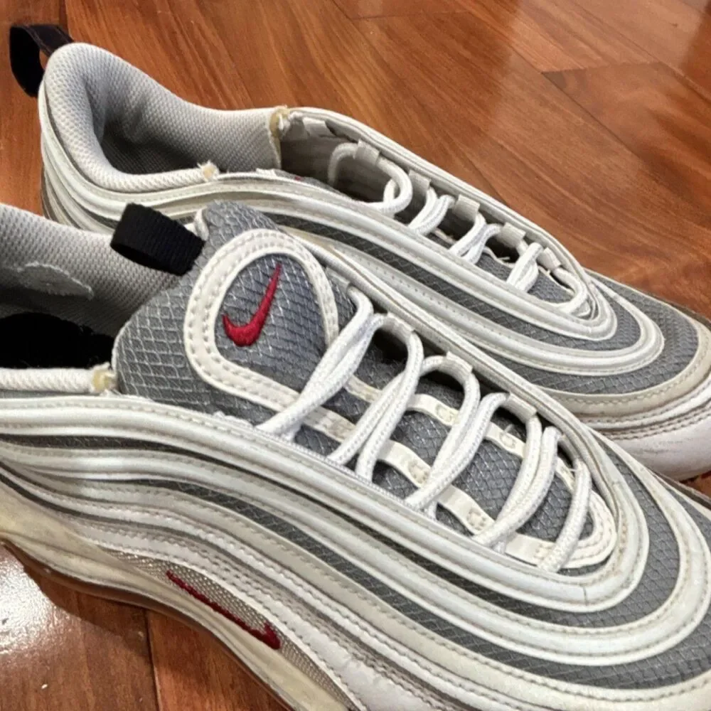Nike Men’s Air Max 97 White Gray Red Black Solid Low Top Sneakers size 9.5
